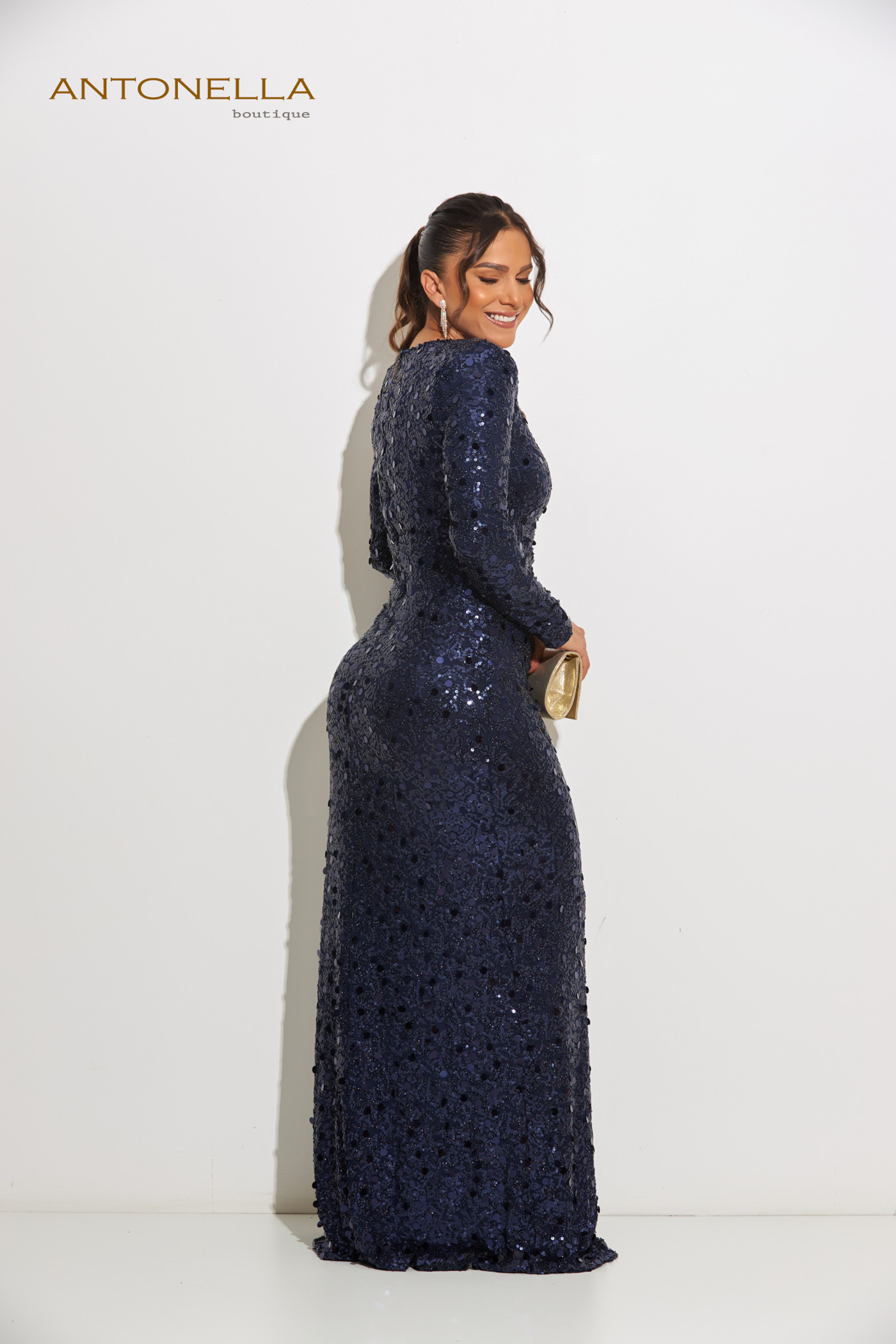 Vestido Gala Azul Marino Lentejuela Manga Larga – foto 5